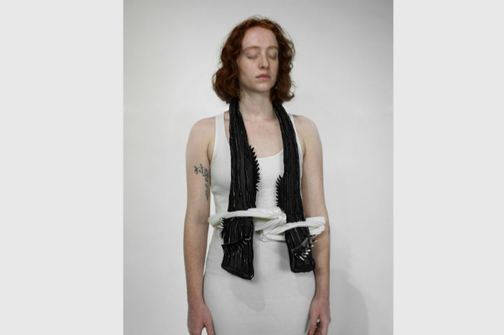 Dongyi Wu, Necklace, 2019. Gloves, Fabric, Rubber, Cotton, Sterling silver, Aluminum Cans, sewing thread, rubber Cord, Plastic. Hand Sewing, Cold Connection, Soldering