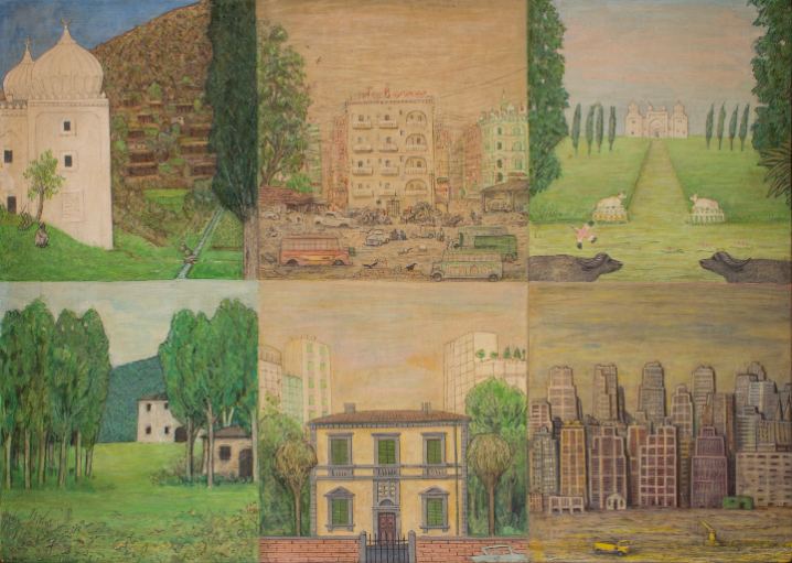 web Raffaele Bueno, 1975, Paesaggio Oriente-Occidente, olio su tela, 53x38 cm