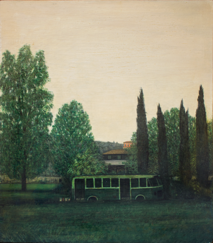 web Raffaele Bueno, Autobus, 1975, olio su tela, 30x35 cm